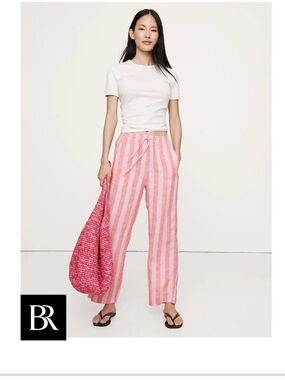 Banana Republic Pink Striped Linen-Blend Cropped Wide-Leg Pants